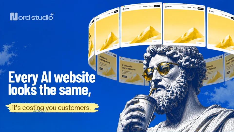 A classical marble bust in gold sunglasses sipping an iced coffee, ringed by a carousel of near-identical yellow AI landing pages.