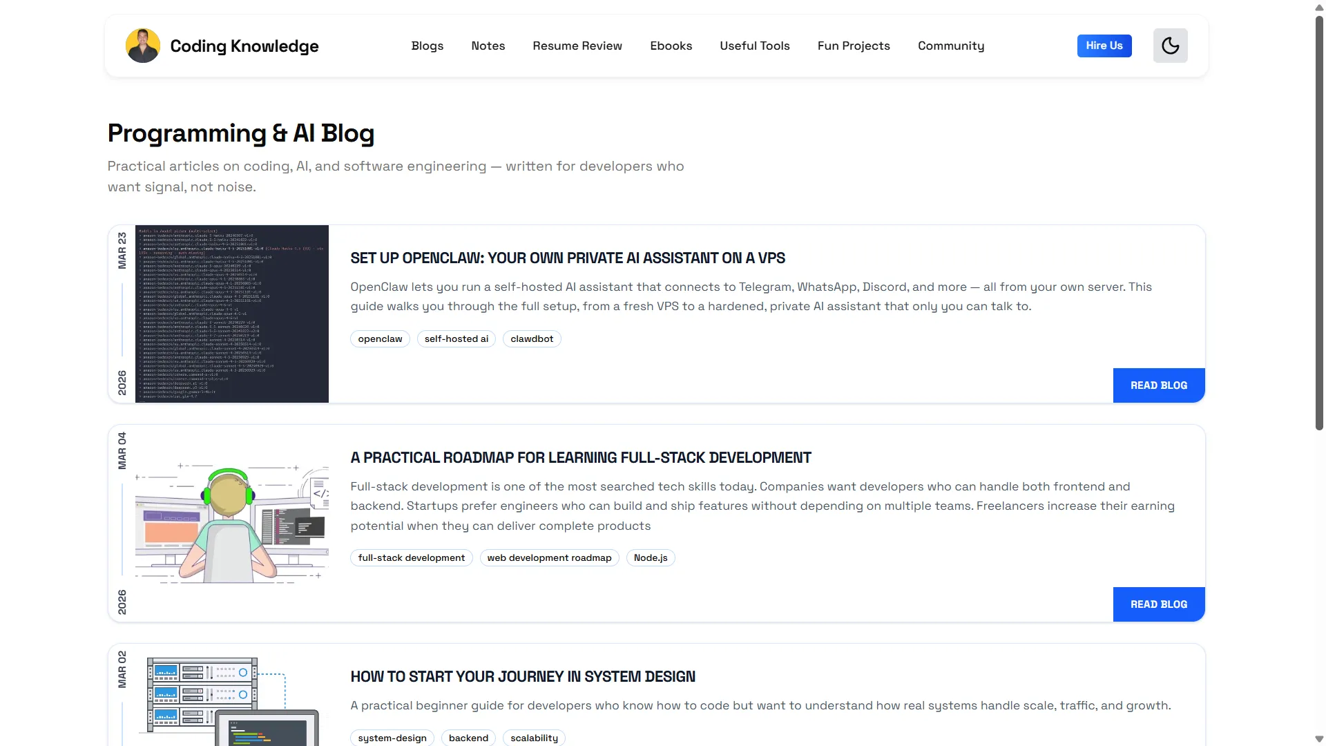 Coding Knowledge blog listing.