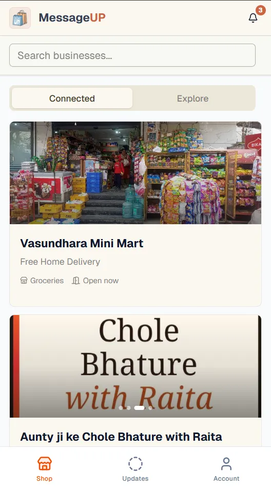 MessageUp app home screen listing nearby shops.