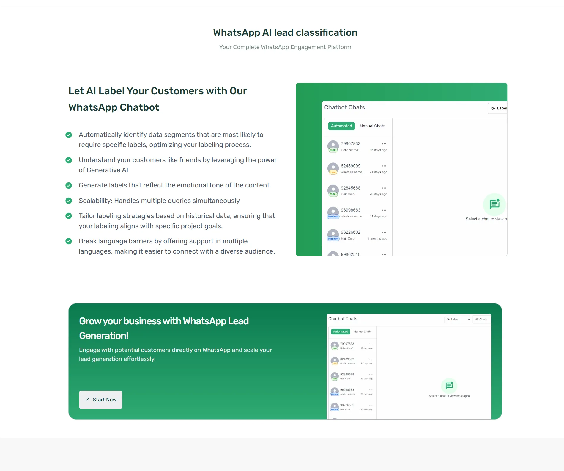 Bizvaarta section on WhatsApp AI lead classification, with the chatbot inbox.