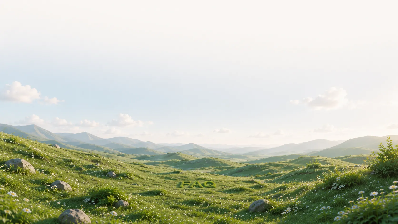 Rolling green hills under a wide pale sky, with "FAQ" mown into the grass in the valley below.