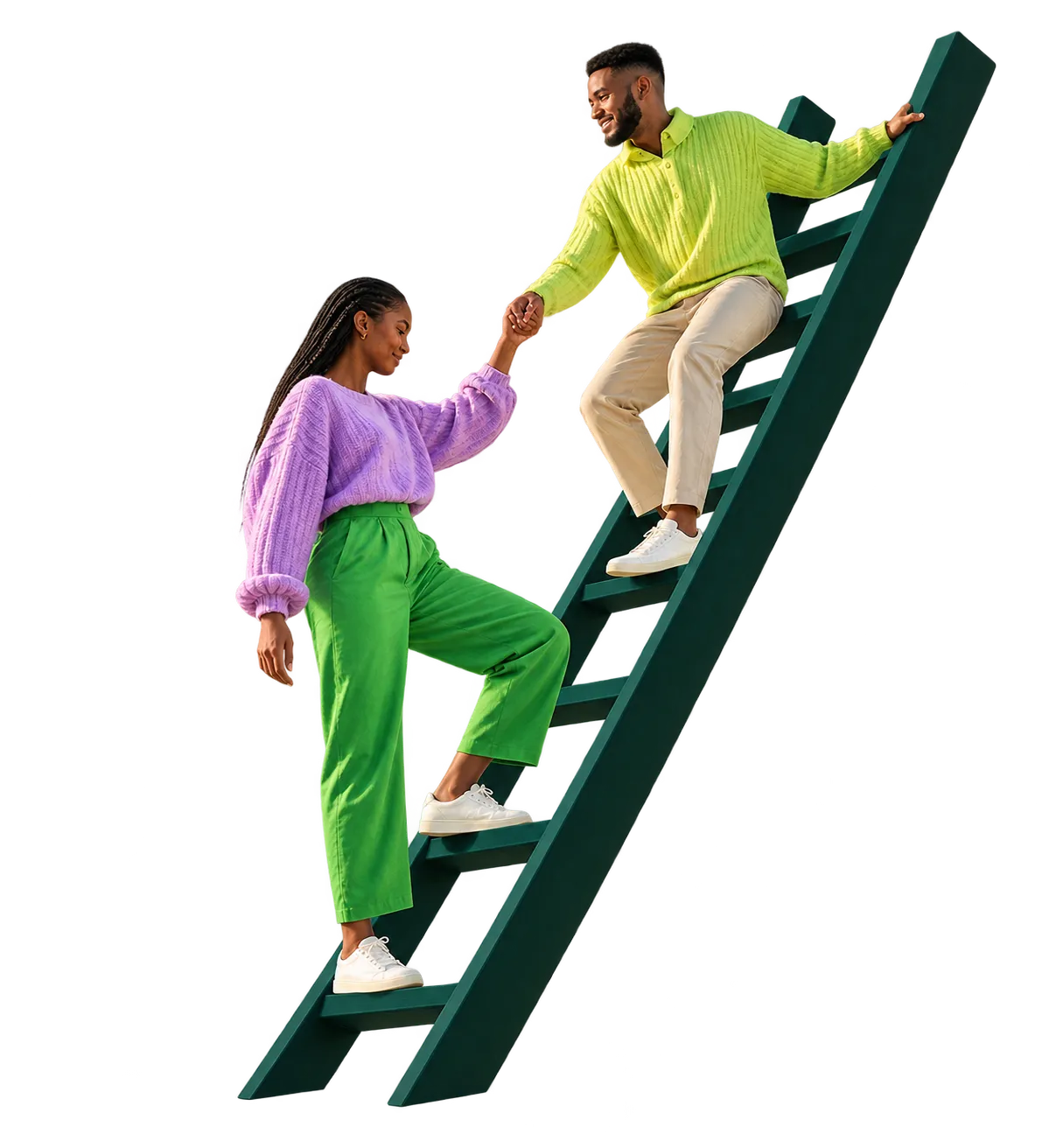 Two people in bright knitwear climbing a tall green ladder, one reaching down to pull the other up.