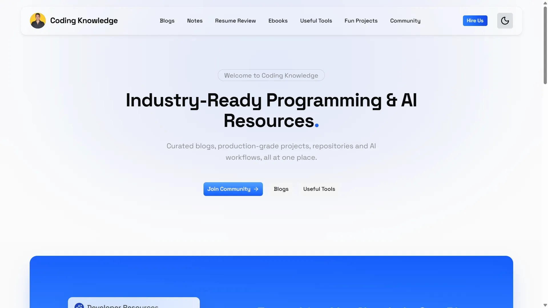 Coding Knowledge home page, headed "Industry-Ready Programming & AI Resources".
