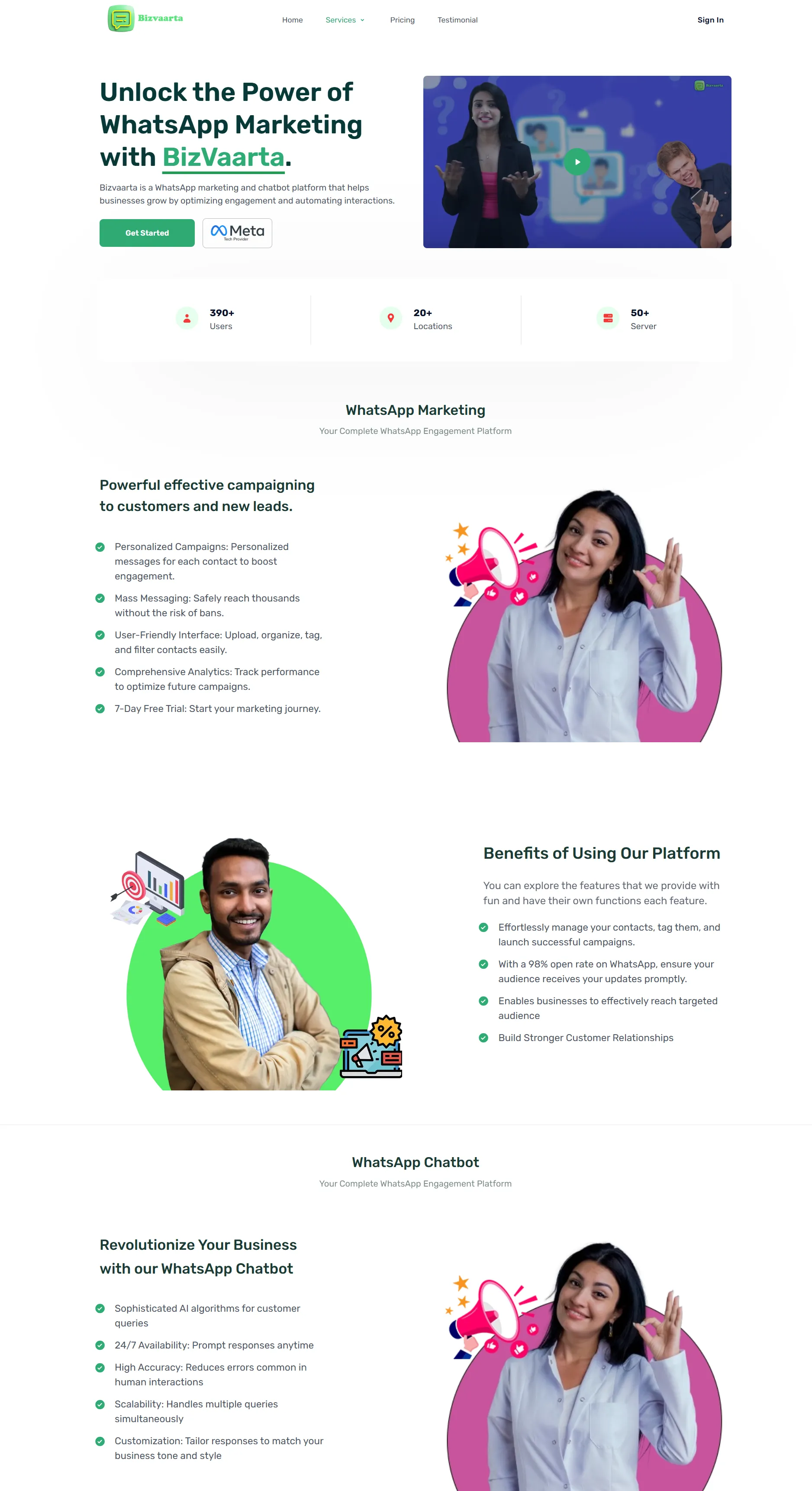 The full Bizvaarta landing page, top to bottom.