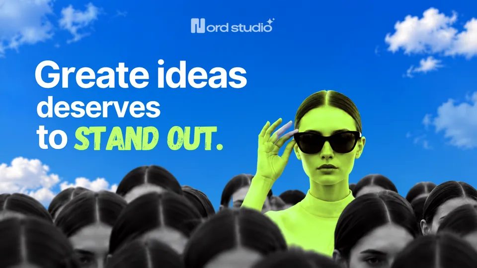 A figure in neon green, wearing sunglasses, standing out from a monochrome crowd of identical figures under a blue sky.