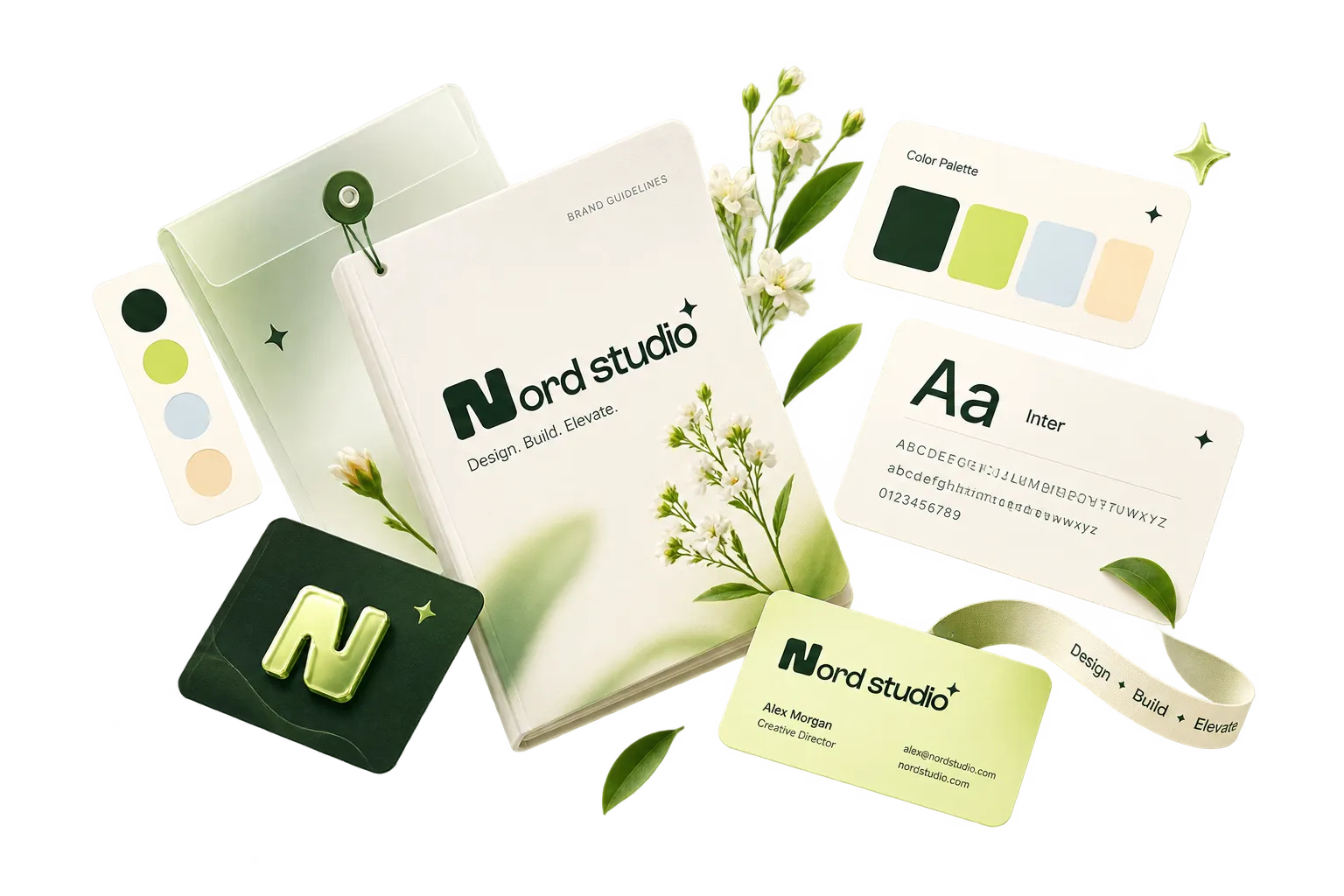 Nord Studio brand collateral: business cards, a stationery folder, a type specimen and a colour palette laid out together.