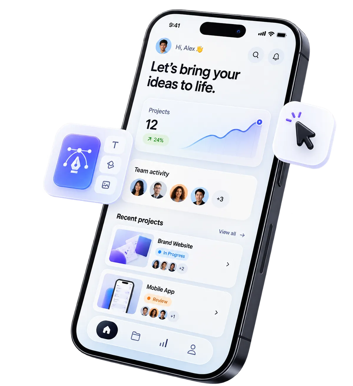 A phone showing a project dashboard with team activity, a design toolbar and a cursor selecting a panel.