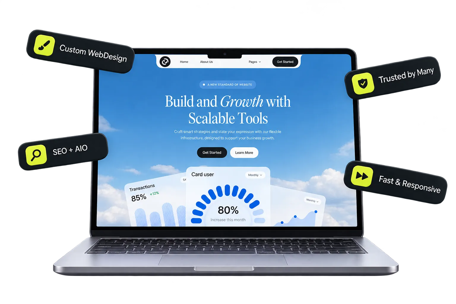 A laptop showing a marketing site, ringed by badges reading custom web design, SEO, trusted by many and fast and responsive.