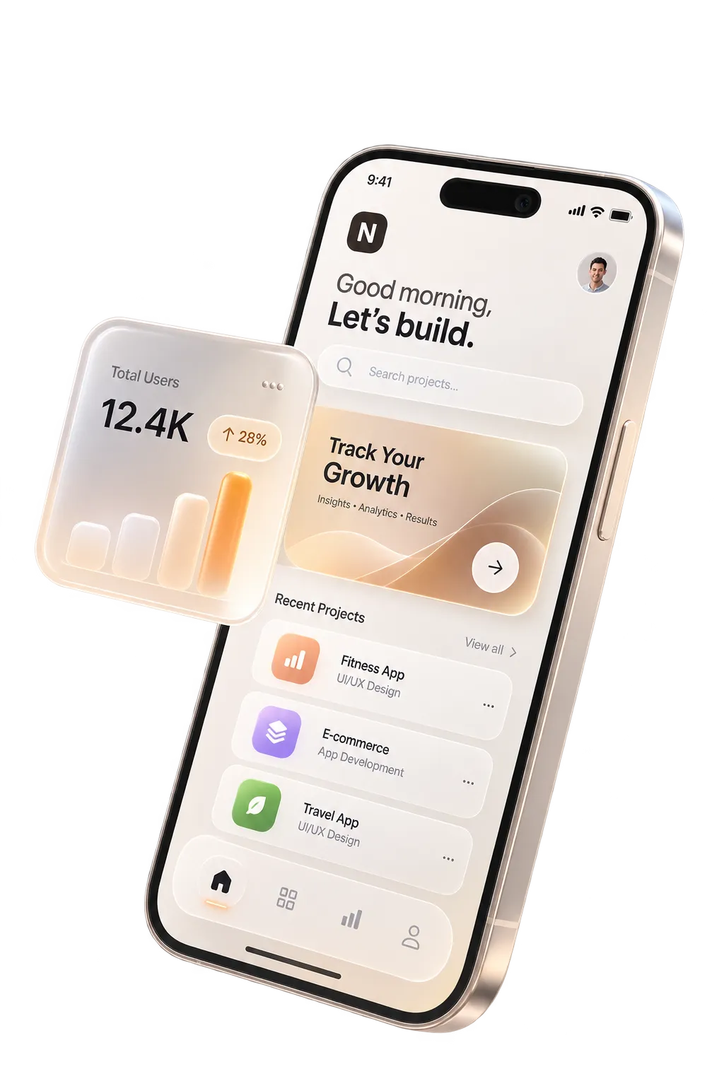 A phone app screen reading “Good morning, let’s build”, with a growth chart and a task list beneath it.