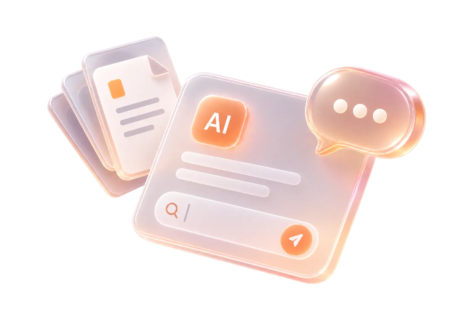 A translucent AI panel with a search field, a stack of documents behind it and a chat bubble alongside.