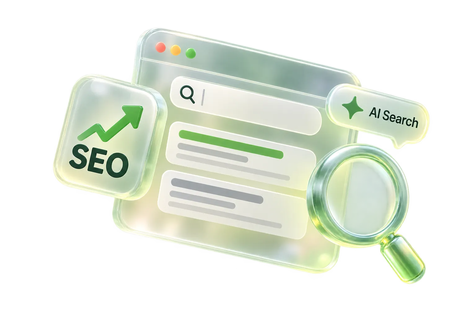 An SEO panel with a rising green arrow, a magnifying glass over a list of search results and an AI search badge.