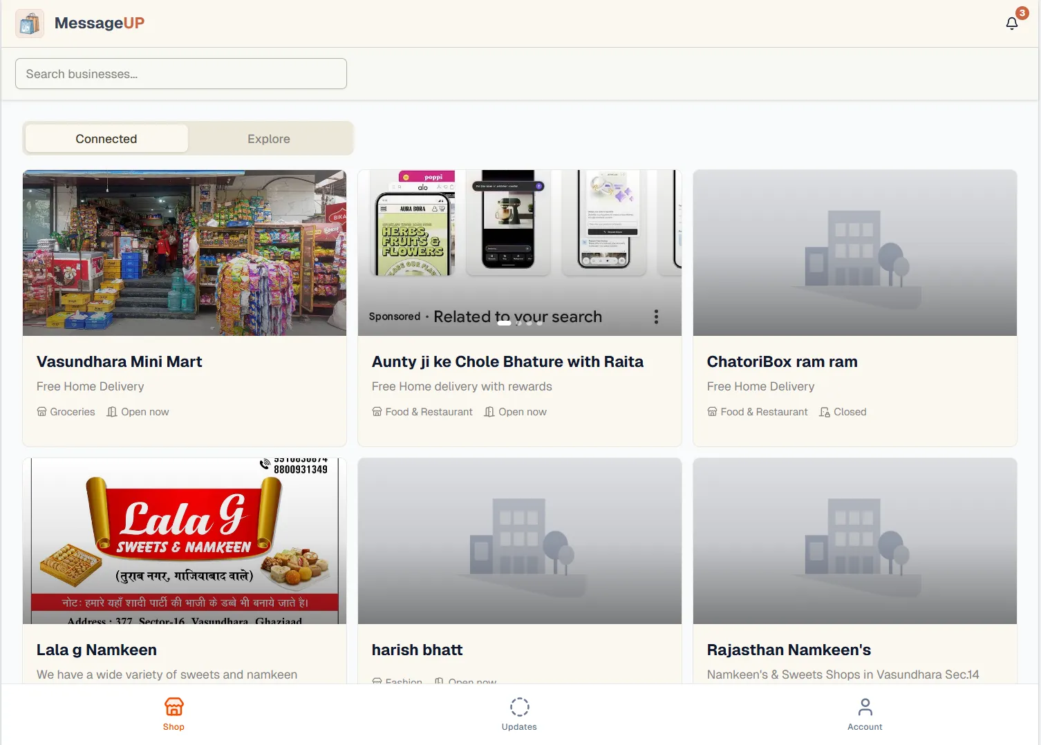 MessageUp on a tablet: a grid of nearby shops with delivery details and opening status.